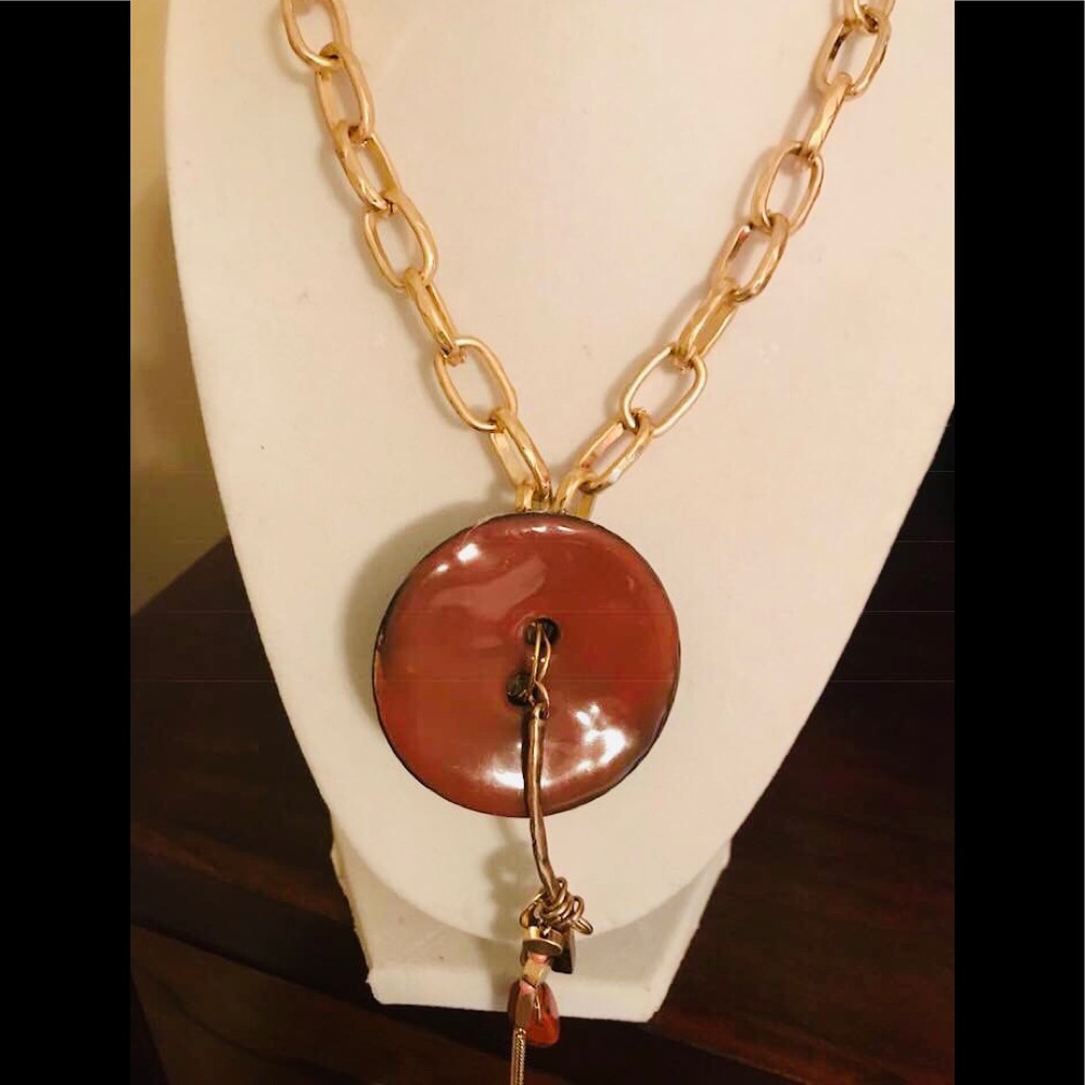 Acrylic Brown Button Necklace with Gold Chain